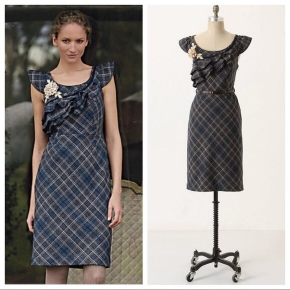 FLOREAT Tweed Plaid Wool Ruffle Pencil Dress 0 XS